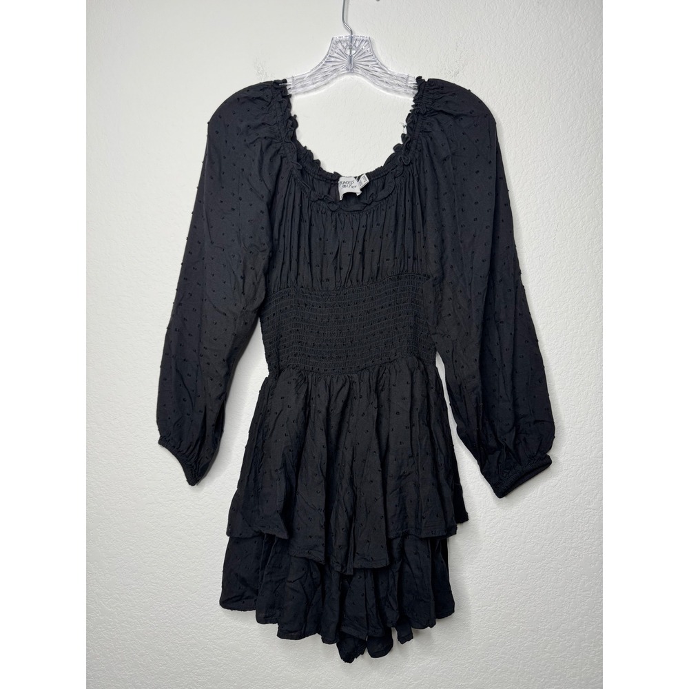 Princess Polly Black Swiss Dot Smocked Tiered Ruffle Long Sleeve Romper US 6